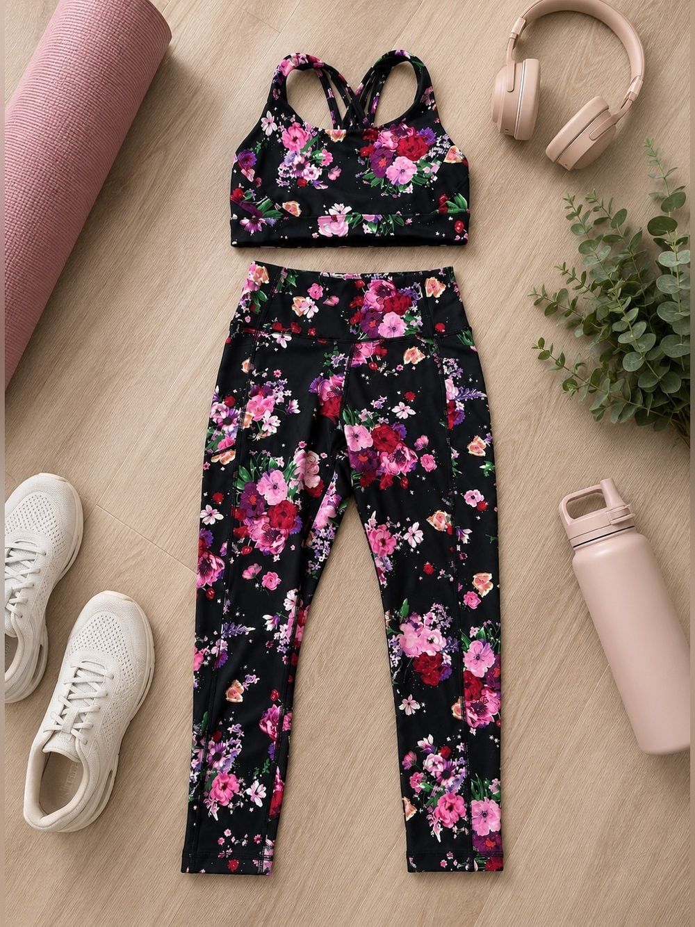 VSX Victoria’s Secret Floral Sports Bra & Pocket Leggings Set M